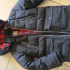 Black Puffer Jacket with Red Plaid Lining